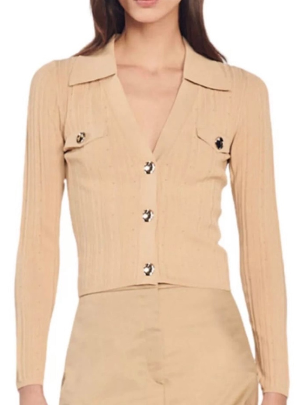 Sandro Beige Spread Collar Ribbed Cardigan Knit Top Medium